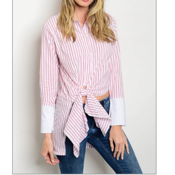 Tops - Women Pink Waist Tie Pinstriped Poplin Shirt